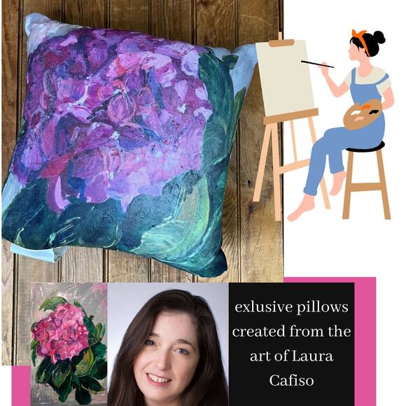 Exclusive floral Hydrangea throw Pillow pink purple from Art of Laura Cafiso - Picture 1 of 3